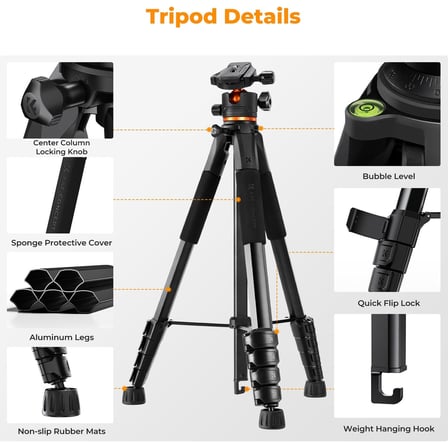 K&F Concept 190CM Alüminyum Tripod (S255A3+BH-36) - 8kg Taşıma Kapasitesi