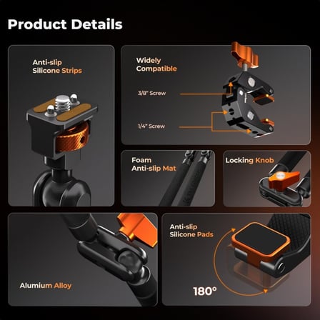 K&F Concept Magic Arm Clamp Kit (22'') - Aksiyon Kamerası, LED Işık, Mikrofon Için Uzun Mafsallı Sürtünmeli Bom Kolu