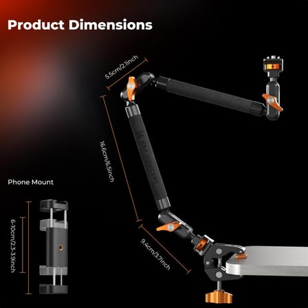 K&F Concept Magic Arm Clamp Kit (22'') - Aksiyon Kamerası, LED Işık, Mikrofon Için Uzun Mafsallı Sürtünmeli Bom Kolu