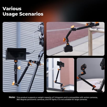 K&F Concept Magic Arm Clamp Kit (22'') - Aksiyon Kamerası, LED Işık, Mikrofon Için Uzun Mafsallı Sürtünmeli Bom Kolu