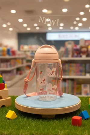 Miniso Lisanslı Sevimli Yavru Hayvan Serisi Plastik Suluk – Ayarlanabilir Askılı ve Pipetli 400 ml