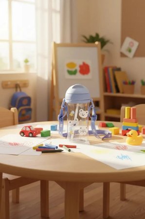 Miniso Lisanslı Sevimli Yavru Hayvan Serisi Plastik Suluk – Ayarlanabilir Askılı ve Pipetli 400 ml