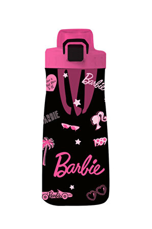 Barbie Lisanslı Baskılı Pipetli Kapaklı Plastik Şişe - Siyah