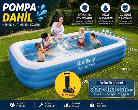 BESTWAY HAVUZ 305x183x56cm JUMBO DİKDÖRTGEN 54009 + POMPA
