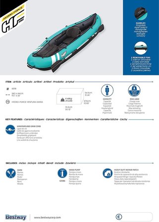 Bestway Hydro-Force Venture X1 Kayak Tek Kişilik Şişme Kano Set TURKUAZ