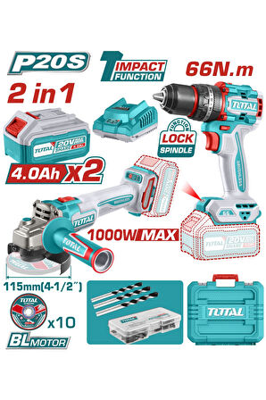 TOTAL AKÜLÜ SET - DARBELİ MATKAP ve AKÜLÜ TAŞLAMA 2x4 AH AKÜ TCKLI20273E
