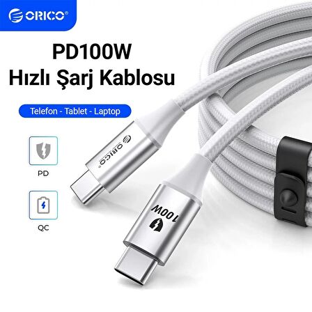 Orico 100W 5A PD Type-C to Type-C Hızlı Şarj ve Data Kablosu Beyaz 1 Metre
