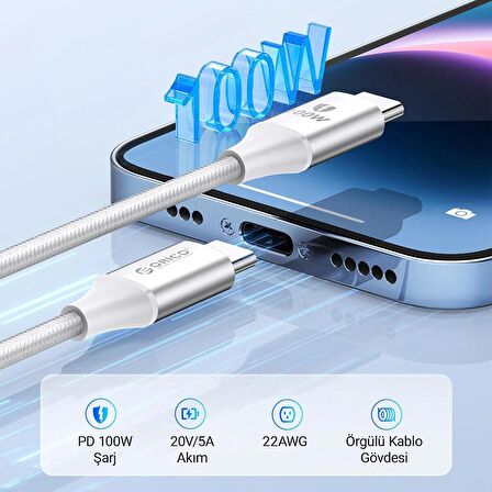 Orico 100W 5A PD Type-C to Type-C Hızlı Şarj ve Data Kablosu Beyaz 1 Metre