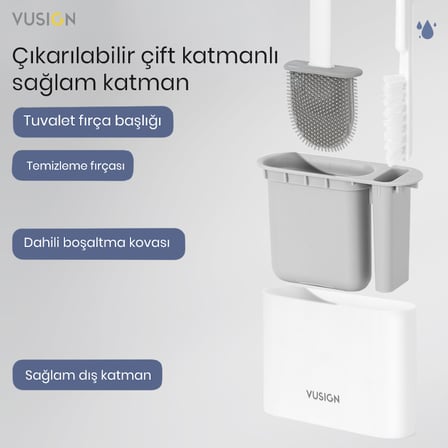 VUSIGN VS1026 2'si 1 Arada Tuvalet Fırçası Seti - Yumuşak Kauçuk Fırça Beyaz