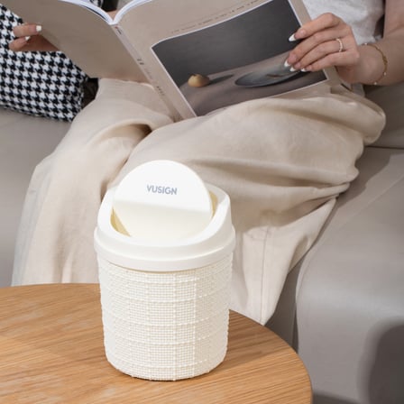 VUSIGN Mini Masaüstü Çöp Kutusu Hareketli Kapaklı 13 x 16,5 cm Bej