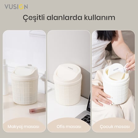 VUSIGN Mini Masaüstü Çöp Kutusu Hareketli Kapaklı 13 x 16,5 cm Bej