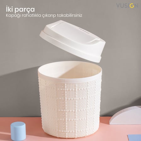 VUSIGN Mini Masaüstü Çöp Kutusu Hareketli Kapaklı 13 x 16,5 cm Bej