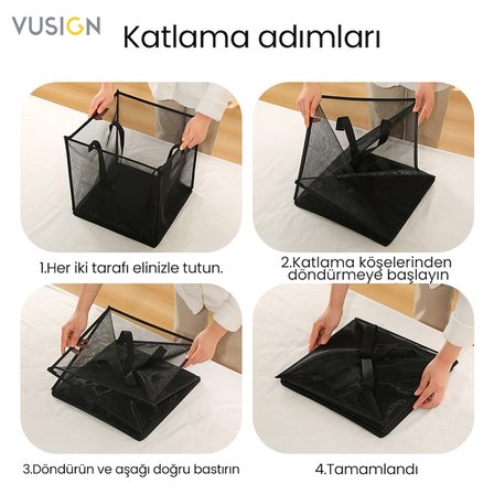 VUSIGN Katlanabilir File Kirli Çamaşır Sepeti 33x33x33 cm Siyah Rengi Taşınabilir Çamaşır Çantası