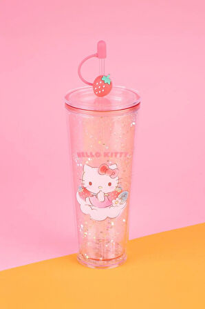 Sanrio Lisanslı Çift Cidarlı Pipetli Plastik Şişe (800ml) - Hello Kitty