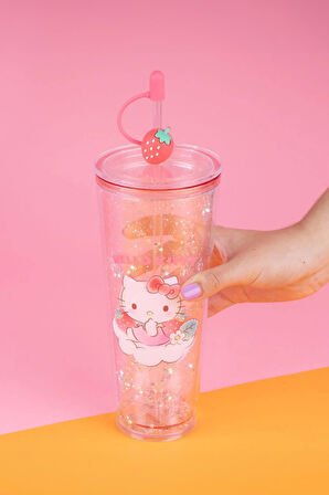 Sanrio Lisanslı Çift Cidarlı Pipetli Plastik Şişe (800ml) - Hello Kitty