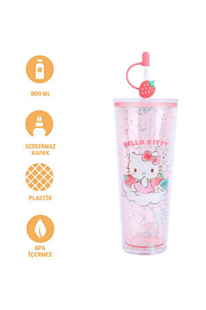Sanrio Lisanslı Çift Cidarlı Pipetli Plastik Şişe (800ml) - Hello Kitty