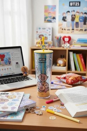 BT21 Lisanslı Holografik Tasarımlı Çift Cidarlı Pipetli Şişe Shooky 800 ml