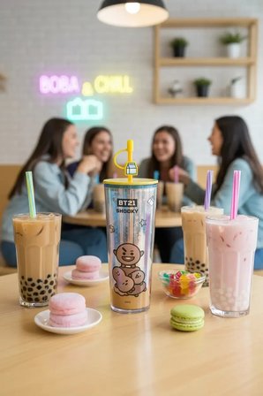BT21 Lisanslı Holografik Tasarımlı Çift Cidarlı Pipetli Şişe Shooky 800 ml