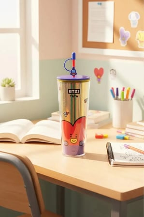 BT21 Lisanslı Tata Çift Cidarlı Pipetli Şişe – Holografik Tasarım Soğuk İçecek Matarası 800 Ml