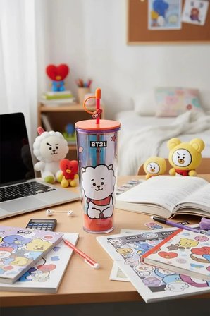 BT21 Lisanslı Holografik Tasarımlı Çift Cidarlı Pipetli Şişe RJ 800 ml