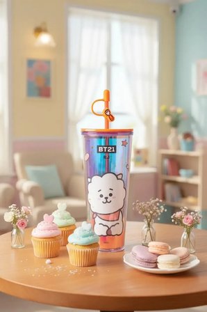 BT21 Lisanslı Holografik Tasarımlı Çift Cidarlı Pipetli Şişe RJ 800 ml
