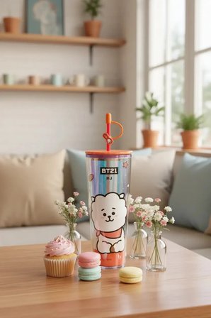 BT21 Lisanslı Holografik Tasarımlı Çift Cidarlı Pipetli Şişe RJ 800 ml
