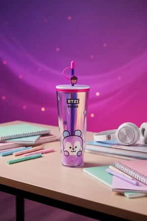 BT21 Lisanslı Mang Çift Cidarlı Pipetli Şişe – Holografik Tasarım Soğuk İçecek Matarası 800 Ml