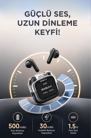 Lenovo Thinkplus Bluetooth Kulaklık Akıllı Dijital Ekranlı Tws 5.4 Kablosuz Kulaklık LP70 Pro Siyah