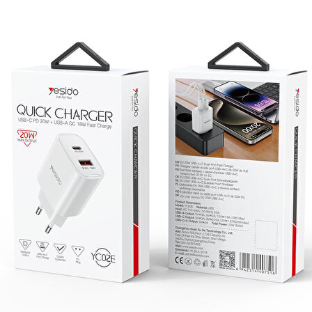 Yesido YC02E 20W PD Hızlı Şarj Cihazı - Beyaz