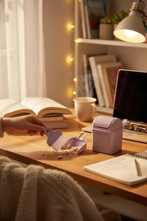 Miniso Makaron Serisi Masaüstü Temizlik Seti – Mor Renkli 3 Parça Mini Fırça ve Kürek Seti