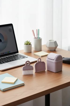 Miniso Makaron Serisi Masaüstü Temizlik Seti – Mor Renkli 3 Parça Mini Fırça ve Kürek Seti