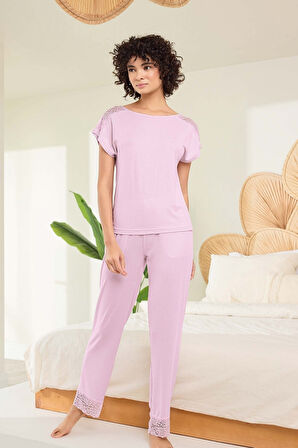 Aydoğan Kadın Mor %95 Lyocell %5 Elasthan Dantel Detaylı Pijama Takımı