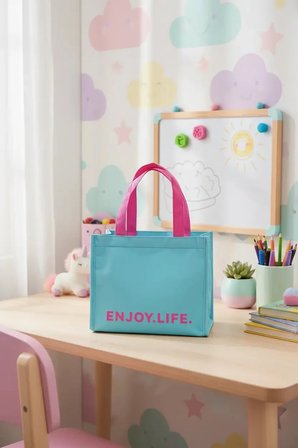 Miniso Lisanslı Dopamine Serisi Yalıtımlı Beslenme Çantası – Mavi Harf Desenli Öğle Yemeği Çantası