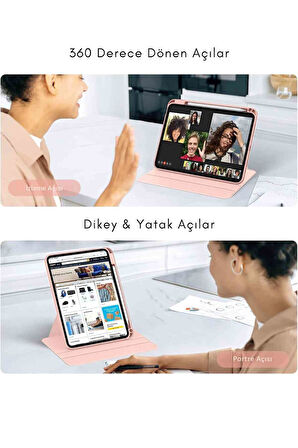 iPad Air 13 2025 M3 Çip Uyumlu 360° Dönebilen Yatay Dikey Standlı Fuchsia Pino Tablet Kılıfı