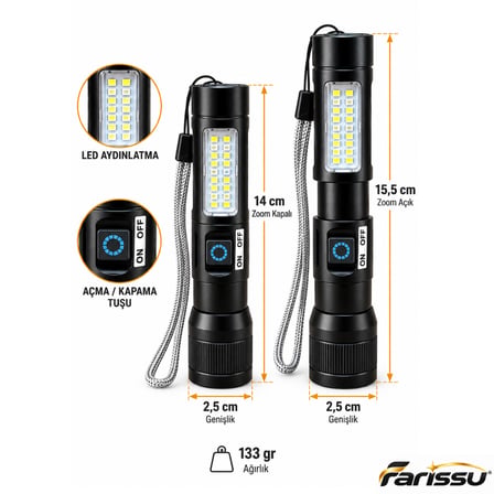 GoldKama GK9575, şarjlı el feneri, uzun menzilli LED el feneri,COB led fener
