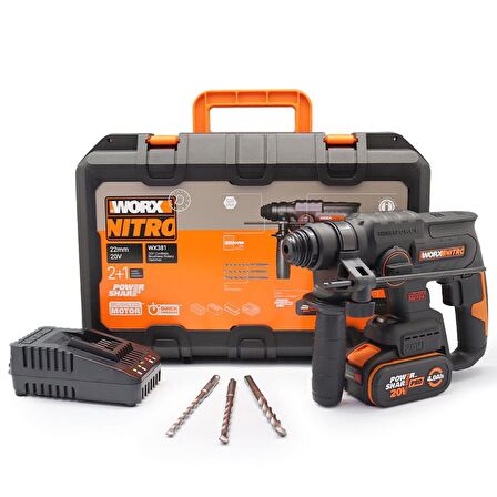 WORX WX381 20Volt 4.0Ah. 2J Li-ion Tek Akülü Şarjlı Profesyonel SDS-Plus Pnömatik Kırıcı/Delici + 3 Parça Delme Ucu 