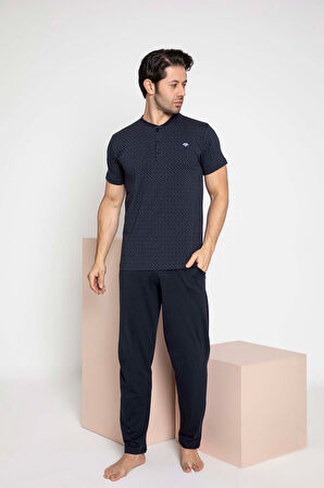 Erkek Ekose Desen 3 Düğmeli Bisiklet Yaka Bilek Manşetli Modal Mevsimlik Uzun Kol Cepli Pijama Takım