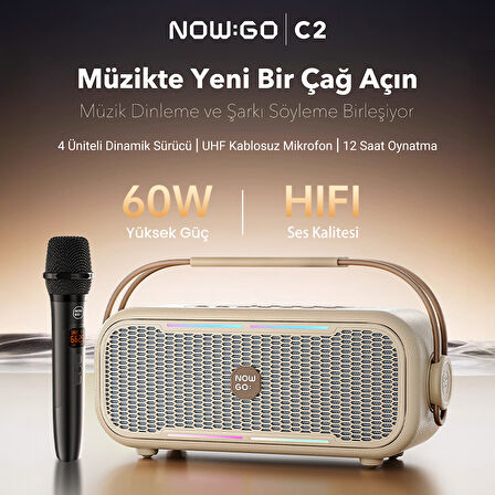 NowGo C2 60W Taşınabilir RGB Bluetooth Hoparlör Mikrofonlu Karaoke Parti Speaker Bej