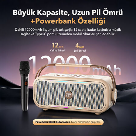 NowGo C2 60W Taşınabilir RGB Bluetooth Hoparlör Mikrofonlu Karaoke Parti Speaker Bej