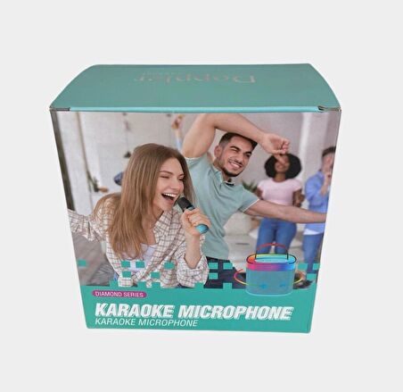 Doppler Diamond Ledli Turkuaz Bluetooth Hoparlör ve Mikrofon Kablosuz Mini Karaoke Seti Mikrofonlu Mavi