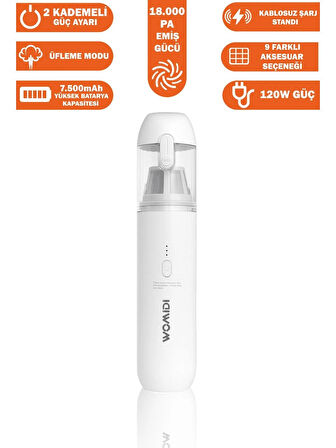 womidi Ev Araç İçi Süpürge 18.000Pa Güçlü Emiş,9 Adet Aksesuar Üfleme Fonksiyonlu, Taşınabilir Mini Süpürge