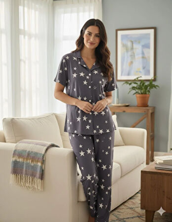 KADIN YILDIZLI DÜĞME DETAYLI PİJAMA TAKIMI