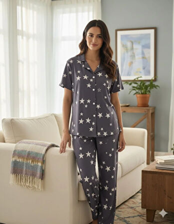 KADIN YILDIZLI DÜĞME DETAYLI PİJAMA TAKIMI