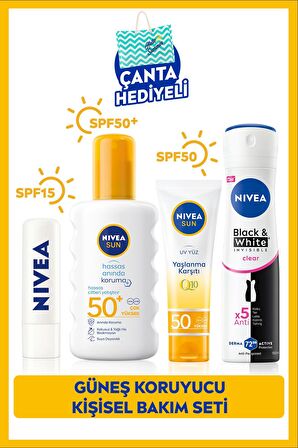 Nivea Sun Güneş Koruyucu Sprey 200ml, Q10 Yüz Kremi 50ml, Dudak Bakım Kremi, Deodorant 150ml, Çanta Hediye