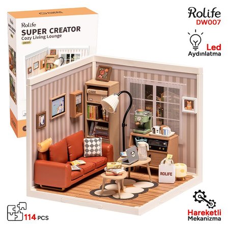 Rolife DW007 Konforlu Oturma Odası (Cozy Living Lounge) DIY Minyatür Maket Model Seti Mini Dollhouse 3D Model Kit Detaylı Dekoratif Hobi Seti 3D Puzzle Tiny House