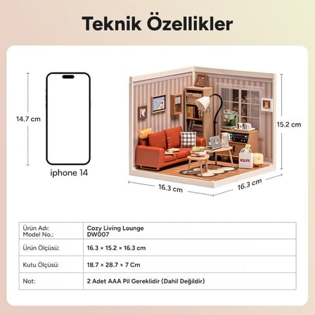 Rolife DW007 Konforlu Oturma Odası (Cozy Living Lounge) DIY Minyatür Maket Model Seti Mini Dollhouse 3D Model Kit Detaylı Dekoratif Hobi Seti 3D Puzzle Tiny House