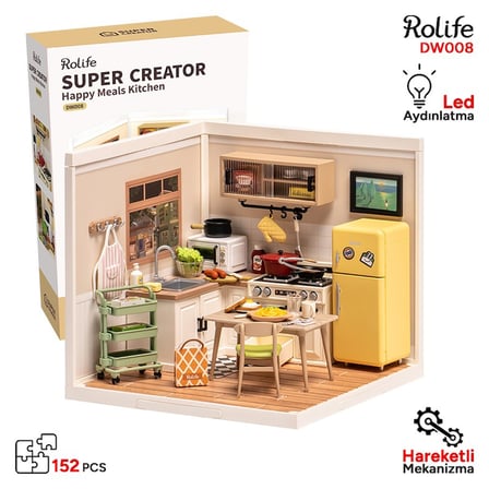 Rolife DW008 Mutlu Yemekler Mutfağı Happy Meals Kitchen DIY Minyatür Maket Model Seti Mini Dollhouse 3D Model Kit Detaylı Dekoratif Hobi Seti 3D Puzzle Tiny House