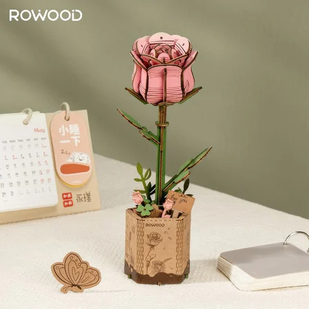 Rowood TW041 Pembe Gül (Pink Rose) DIY Minyatür Maket Model Seti Ahşap 3D Wooden Puzzle 3D Model Kit Ahşap Maket Dekoratif Hobi Seti