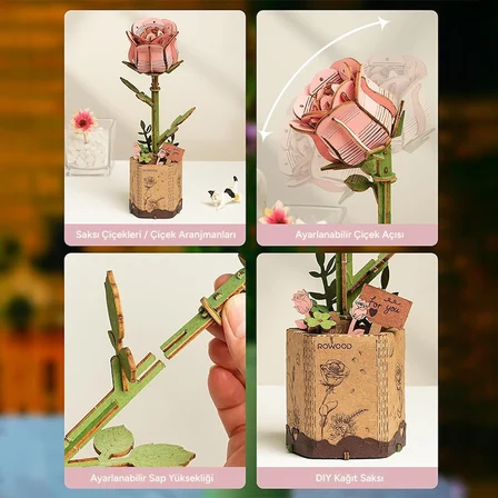 Rowood TW051 Karanfil Çiçeği Pink Carnation DIY Minyatür Maket Model Seti Ahşap 3D Wooden Puzzle Model Kit Ahşap Maket Dekoratif Hobi Seti