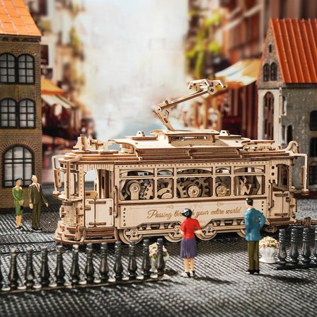 ROKR LK801 Klasik Tramvay (Classic City Tramcar) DIY Minyatür Maket ModelSeti Ahşap 3D Wooden Puzzle 3D Model Kit Detaylı Dekoratif Hobi Seti Ahşap Maket